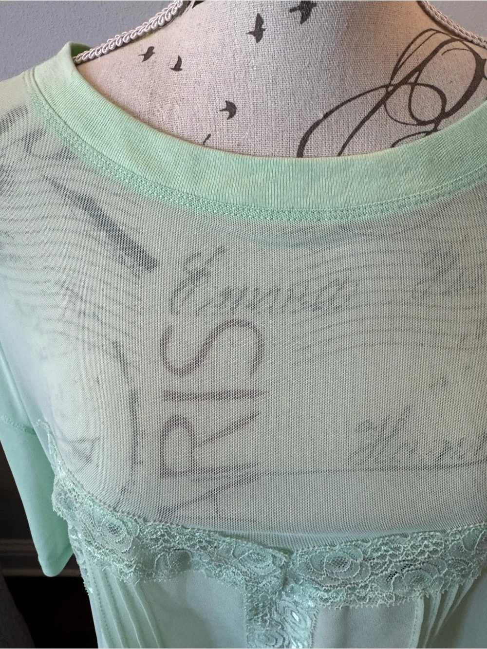 New Without Tags Anthropology Sheer Lace-Trim Mint Green Women’s Top - Picture 8 of 9